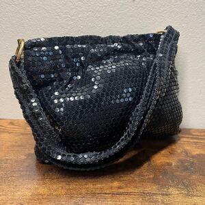 Vintage Lumured Sequin Bag Small Black Hinge Gold Party 60s Evening Formal 70s